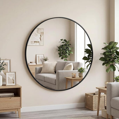 OLIXIS 36 Inch Black Round Bathroom Wall Mirror, Round Bathroom Mirrors for Over Sink, Circle Mirror with Tempered Glass for Home Decor, Entryway, Bedroom, Vanity, Shatterproof& Crystal-Clear