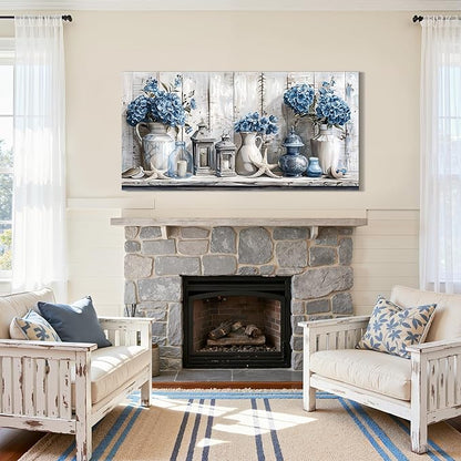 SERIMINO Floral Wall Art, Large Wall Art, Rustic Wall Decor, Nautical Still Life Art Prints, Blue Hydrangea Canvas Pictures, Grey Paintings for Living Room Bedroom Bathroom Kitchen Farmhouse 20"x40"