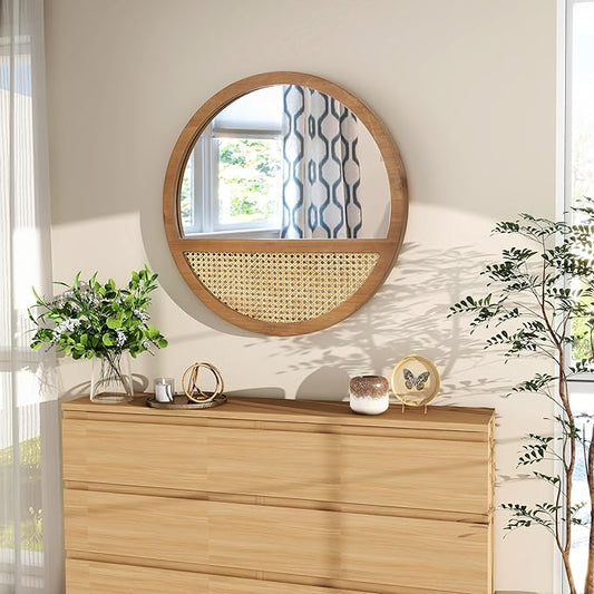 24 Inch Rattan Round Mirror, Vintage Hand-Woven Wooden Framed Wall Mirror for Living Room, Bedroom, Bathroom, Entryway Decor, Natural Hanging Decorative Mirrors for Indoor Wall Art