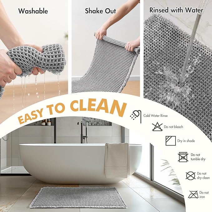MIULEE Set of 2 Waffle Bathroom Rugs, Boho Bath Rugs Non Slip Washable, Super Absorbent Bath Mats, Ultra Soft Rubber Backed Shower Mats for Bathroom Floor, Tub and Shower, Light Grey, 17"x24"+18"x30"