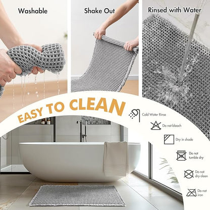 MIULEE Set of 2 Waffle Bathroom Rugs, Boho Bath Rugs Non Slip Washable, Super Absorbent Bath Mats, Ultra Soft Rubber Backed Shower Mats for Bathroom Floor, Tub and Shower, Light Grey, 17"x24"+18"x30"