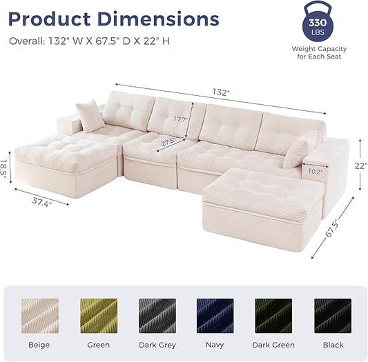 MAXYOYO 132" U Shaped Modular Sectional Sofa with 2 Ottomans, Cloud Boneless Couch with Layered Cushion, Flexible Module Combination Sofa for Living Room, No Assembly Required, Beige