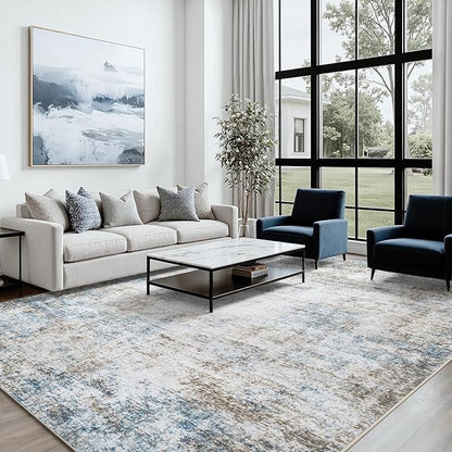 Area Rug 5x7 Living Room Rug Washable: No-Slip Abstract Soft Thin Large Brown White Hazy Blue Rugs, Indoor Floor Stain Resistant Modern Carpet for Bedroom Dining Room Farmhouse Nursery Home Office