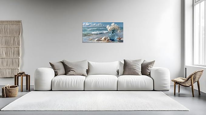 TutuBeer Beach Bathroom Canvas Wall Art Starfish with White Flower Coastal Pictures Wall Art Canvas Seascape Poster Seaside Seashell Painting Print Artwork for Living Room Bedroom 12"x24"x1 Panel
