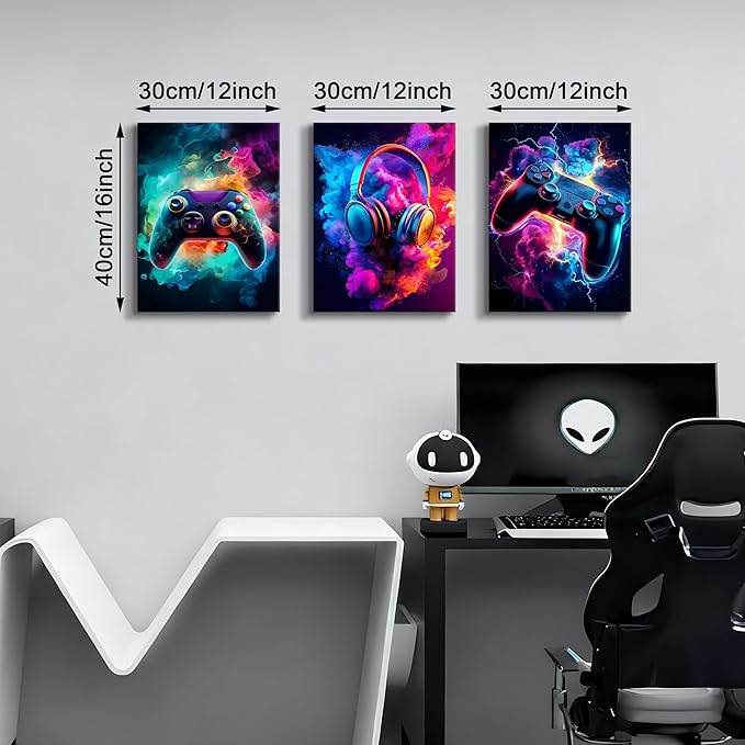 WENGTIAO 3Pcs Framed Gaming Canvas Wall Art Prints Cool Video Gamer Painting Neon Gamepad Headphones Posters Colorful Game Controller Pictures Esports Artwork for Teen Boys Bedroom Play Room 12x16in