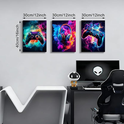 WENGTIAO 3Pcs Framed Gaming Canvas Wall Art Prints Cool Video Gamer Painting Neon Gamepad Headphones Posters Colorful Game Controller Pictures Esports Artwork for Teen Boys Bedroom Play Room 12x16in