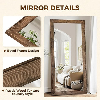 Oversized Brown Full Length Mirror 71"x32" - Solid Wood Beveled Frame Wall Leaning or Hanging Mirror - Rustic Farmhouse Style for Bedroom, Entryway, Living Room