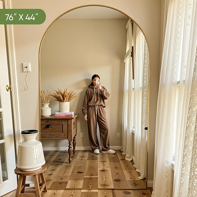 Full Length Mirror, 76"x44" Arched Full Body Mirror, Floor Mirrors with Stand, Body Mirrors Standing Hanging Leaning Against Wall,Aluminum Frame Mirrors for Bedroom Cloakroom,Living Room,Gold