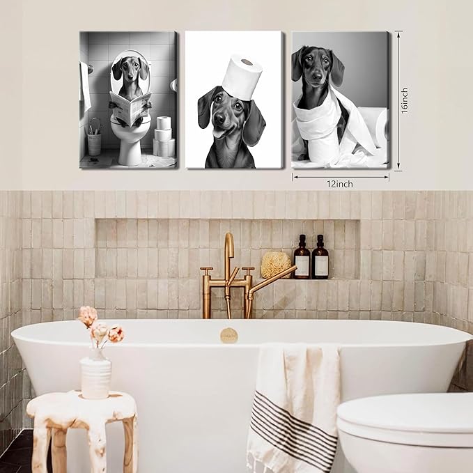 Funny Dachshund Dog Wall Art Set of 3, Dachshund Bathroom Wall Decor Paintings, Black and White Dog Pictures Animal Canvas Posters Prints for Bathroom Restroom Home Decor Framed 12x16 Inch