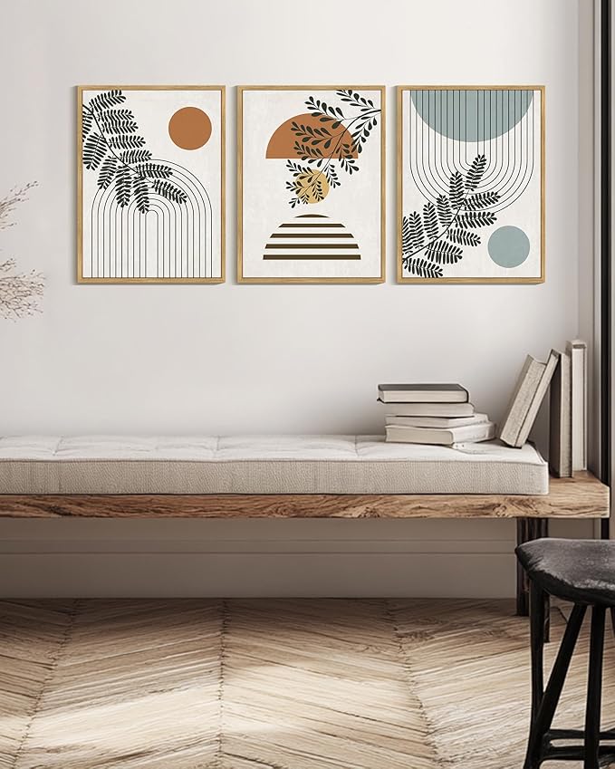 PHOPAGO Summer Boho Wall Art Botanical Modern Framed Wall Prints Abstract Neutral Geometric Prints Bohemain Plants Decor for Farmhouse Hallway - 12x16in Natural Framed