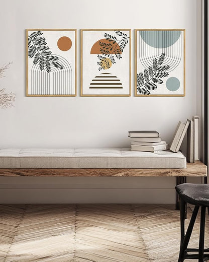 PHOPAGO Summer Boho Wall Art Botanical Modern Framed Wall Prints Abstract Neutral Geometric Prints Bohemain Plants Decor for Farmhouse Hallway - 12x16in Natural Framed