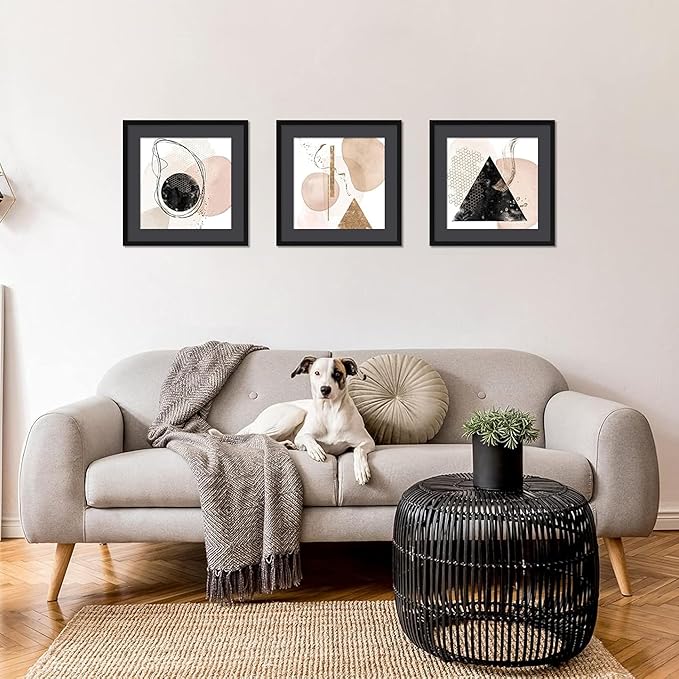 ELSKER&HOME 18x18 Frame Black, 14x14 Frame with Mat or 18x18 Picture Frame without Mat 3 Pack, Wall Mounting Include 3 Wall Art Prints