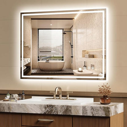 48x36 Inch LED Lighted Bathroom Mirror - Anti-Fog Vanity Mirror with Dimmable Front & Backlit, 3 Color Temp, Smart Memory - Shatterproof HD Glass, IP54 Waterproof Wall Mounted for Makeup Shaving