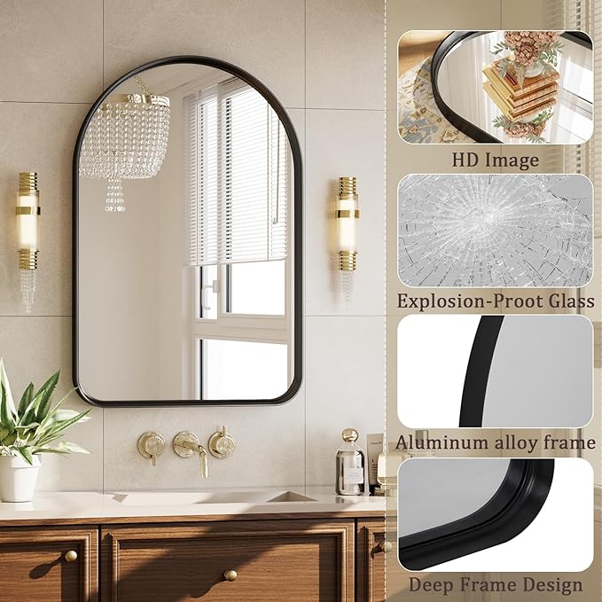 Easly 30"x20" Arched Bathroom Mirror - Modern Black Mirror for Wall with Rounded Corners, Bathroom Mirror for Vanity, Aluminum Alloy Framed Mirror - for Living Room, Bedroom, Cloakroom