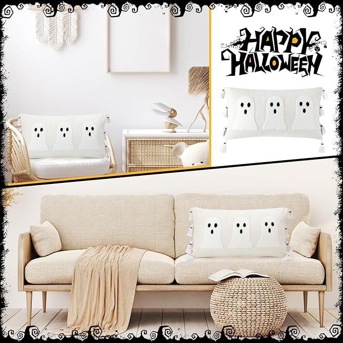 Vercraft Halloween Ghost Throw Pillow with Tassels 14x26 Inch Ghost Spooky Halloween Throw Lumbar Pillows Decorative Pillows Halloween Room Decor for Holiday Party Sofa Bed Cushion (White)