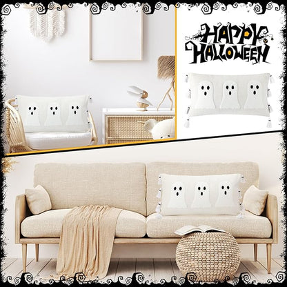 Vercraft Halloween Ghost Throw Pillow with Tassels 14x26 Inch Ghost Spooky Halloween Throw Lumbar Pillows Decorative Pillows Halloween Room Decor for Holiday Party Sofa Bed Cushion (White)
