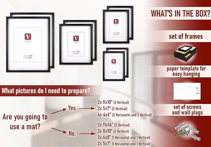 8 Piece Shadow Box Style Gallery Wall Frame Set – Deep Photo Frame Set with Mat for 8x10, 5x7 and 4x6 - Multiple Sizes Picture Frame Set for Wall Collage – Assorted Picture Frames for Wall (Black)