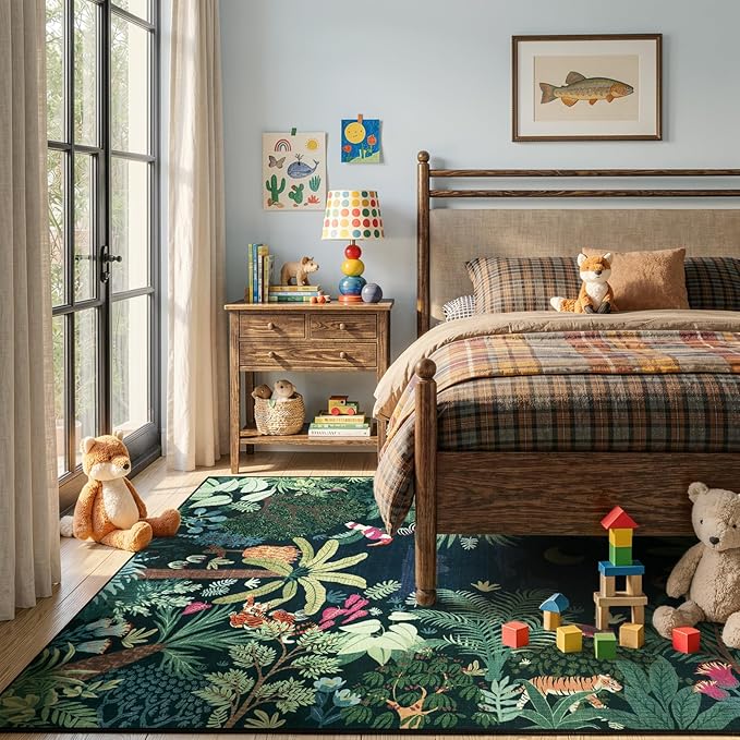 LIVEBOX 6x9 Jungle Dark Rug Dining Room Rugs for Under Table, Soft Modern Green Rugs for Living Room, Washable Kids Rug for Boy Bedroom, Non-Skid Kids Carpet Playmat for Play