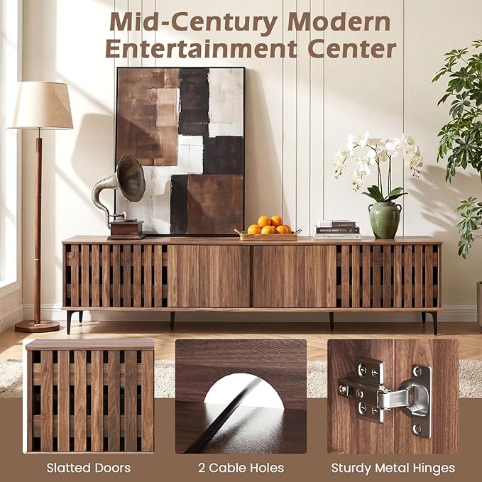 Giantex 4-Door Slatted TV Stand for 80 Inches TVs, Mid Century Modern Entertainment Center with 4 Storage Cabinets, Wooden TV Console Table with 6 Metal Legs for Living Room, Bedroom, Walnut