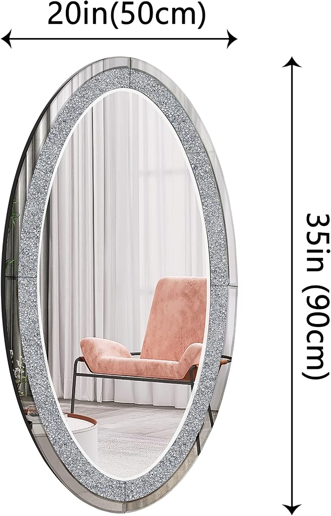 SHYFOY Oval Wall Mirror 36"x23", Frameless Crystal Accent Mirror with Crushed Diamond Border, Silver Glass Decorative Mirror for Bathroom Bedroom Entryway Fireplace Mantel