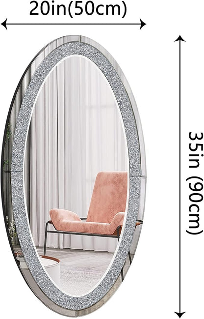 SHYFOY Oval Wall Mirror 36"x23", Frameless Crystal Accent Mirror with Crushed Diamond Border, Silver Glass Decorative Mirror for Bathroom Bedroom Entryway Fireplace Mantel