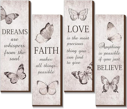 Qunclay 4 Pcs Butterfly Wall Decor Wooden Bathroom Sign Believe Faith Dream Love Inspirational Quote Wooden Rustic Art Accessories Butterfly Wood Decor 11 x 4 Inch for Home Wall Bathroom Bedroom