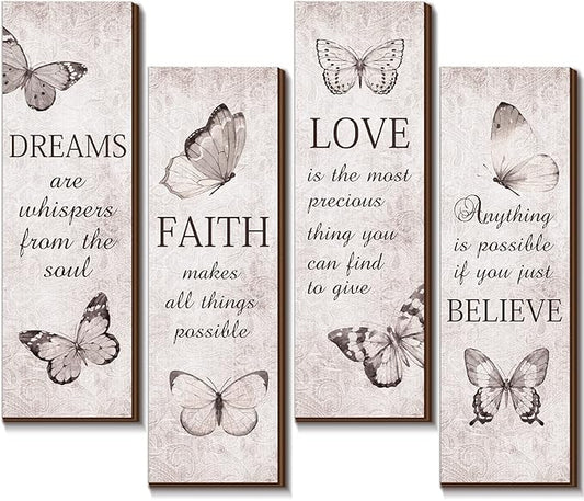 Qunclay 4 Pcs Butterfly Wall Decor Wooden Bathroom Sign Believe Faith Dream Love Inspirational Quote Wooden Rustic Art Accessories Butterfly Wood Decor 11 x 4 Inch for Home Wall Bathroom Bedroom