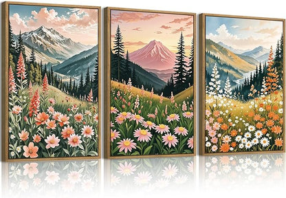 ANHUIB Colorful Landscape Wall Art 16x24 Inch Abstract Mountain Forest Wall Decor Wildflower Blossom Artwork Nature Scenery Painting Set of 3 for Living Room Bedroom Dining Room