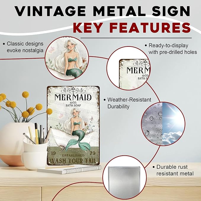 Mermaid Bathroom Tin Sign “Wash Your Tail” - Funny Metal Wall Art, Vintage 8x12 Inch Decor for Seaside, Beach House & Shower Bathroom Toilet Hotel