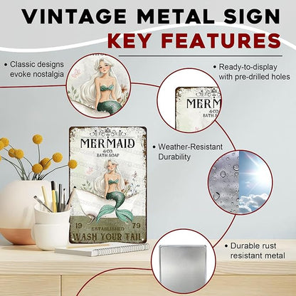 Mermaid Bathroom Tin Sign “Wash Your Tail” - Funny Metal Wall Art, Vintage 8x12 Inch Decor for Seaside, Beach House & Shower Bathroom Toilet Hotel
