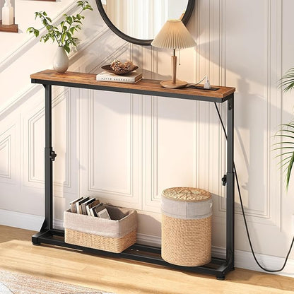 HOOBRO Narrow Console Table Set of 2 with Charging Station, Adjustable Height Sofa Table (25''-32.9''), Slim Behind Couch Table for Small Spaces, Entryway, Living Room, 78.8" Rustic Brown BF95UXGP201