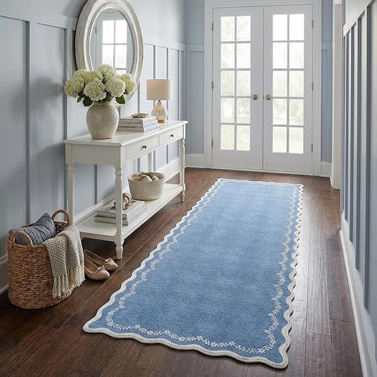 GarveeHome 2x6 Scalloped Washable Runner Rug for Kitchen, Soft Blue Hallway Runner Non Slip Entryway Rug Farmhouse Thin Laundry Mat Stain Resistant Carpet for Bedroom Bathroom Beside Rug