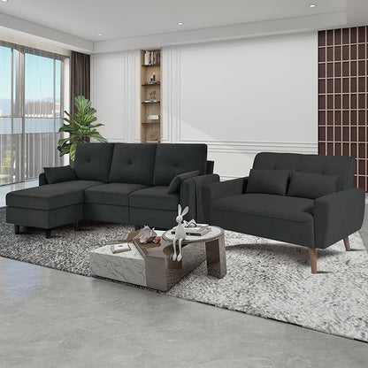 Convertible Sectional Couch Set, 77" L Shaped Sofa with Ottoman and 48" Loveseat, Modern Couches for Living Room, Apartment and Office, Black