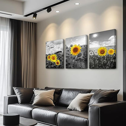 Large Size Canvas Wall Art For Living Room Family Bedroom Wall Painting Decoration,Bathroom Wall Decor Kitchen Home Decoration Black And White Sunflower Flowerswall Pictures Artwork,20x28 3 Piece