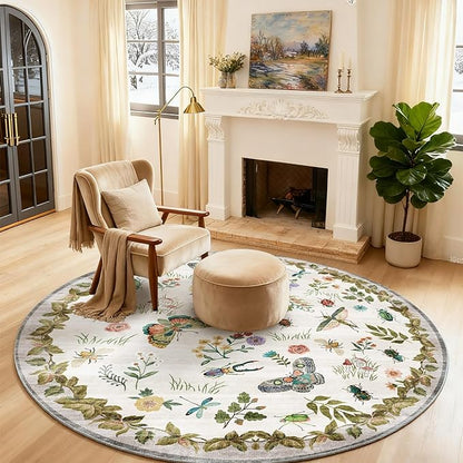Washable Round Rugs for Bedroom 4ft: Living Room Rug Stain Resistant Non Slip Low Pile Ultra Soft Faux Wool Small Circle Rugs for Entryway Kitchen Bathroom Nursery Dorm Home Office Entrance Indoor
