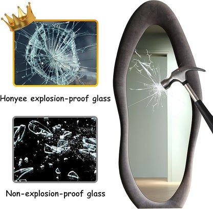 Honyee Full Length Mirror, 63" x 24" Wall Mirror, Flannel Wrapped Wooden Frame Full Body Mirror, Irregular Wavy Mirror Hanging or Leaning Against Wall for Cloakroom/Bedroom/Living Room, Grey