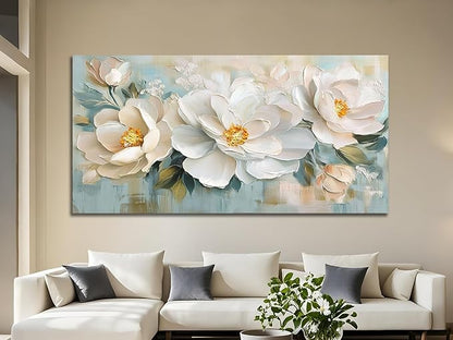 Enartly White Flowers Canvas Wall Art, Natural Plant Painting Textured Artwork for Living Room Bedroom Hallway Kitchen Dining Room Home Office Wall Decor, 40"x20"