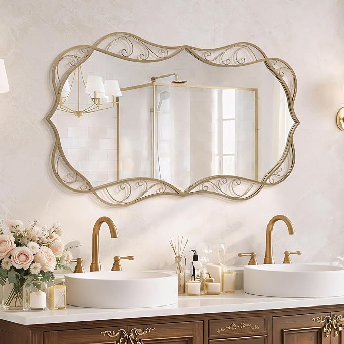 Besdomus Bathroom Gold Large Mirror: 30"x48" Scalloped Modern Brass Gold Wall Mounted Mirror - Farmhouse Vanity Mirror Vertical or Horizontal Hanging - Home Decor for Entryway/Fireplace/Bathroom