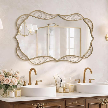 Besdomus Bathroom Gold Large Mirror: 30"x48" Scalloped Modern Brass Gold Wall Mounted Mirror - Farmhouse Vanity Mirror Vertical or Horizontal Hanging - Home Decor for Entryway/Fireplace/Bathroom