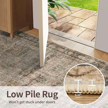 Rugxara 8x10 Area Rugs for Living Room Bedroom, Large Washable Rug, Brown Vintage Retro Boho Rug, Non Slip & Low Pile Faux Wool Thin Carpet for Indoor Dining Room and Kids Room(Charcoal/Olive 8x10ft)