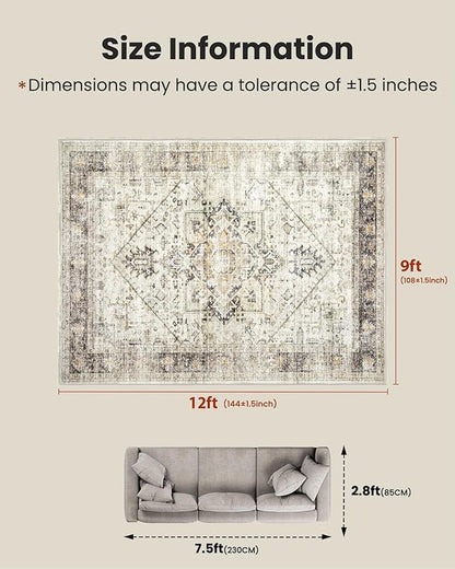 AMADA HOMEFURNISHING 9x12 Washable Area Rug, Low-Profile Large Area Rug with Non-Slip Backing & Durable Edge Binding, Vintage Large Rugs for Living Room, Bedroom & Dinning Room
