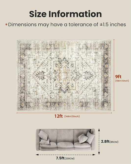 AMADA HOMEFURNISHING 9x12 Washable Area Rug, Low-Profile Large Area Rug with Non-Slip Backing & Durable Edge Binding, Vintage Large Rugs for Living Room, Bedroom & Dinning Room