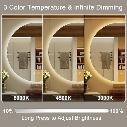 30 Inch Round LED Bathroom Mirror with Light, 3 Color Temperatures (3000K/4500K/6000K), Anti-Fog, Dimmable Backlit, Frameless Round Lighted Bathroom Mirror