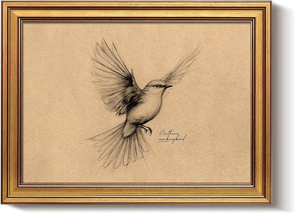 Bzstyleart Vintage Wall Art Decor, Gold Framed Wall Art Decor Vintage Birds Prints Texas State Bird Home Decor Aesthetic, Sketch Painting Picture Bird Artwork for Living Room, 12L x 16W