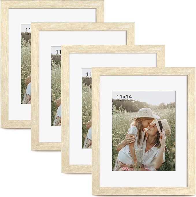 Momentworth 11x14 Picture Frame with Mat for 8x10 Set of 4, Natural Wood Grain 11 x 14 Gallery Wall Picture Frames for Wall Mounting(4 Pack, Natural)