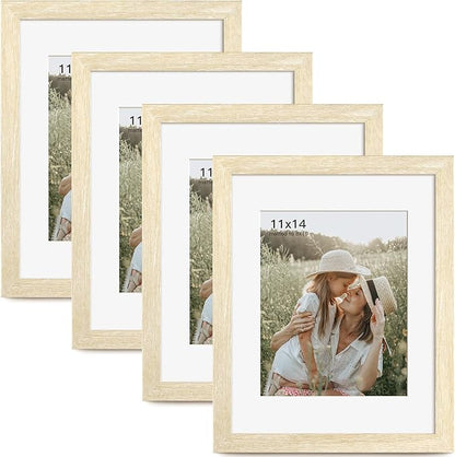 Momentworth 11x14 Picture Frame with Mat for 8x10 Set of 4, Natural Wood Grain 11 x 14 Gallery Wall Picture Frames for Wall Mounting(4 Pack, Natural)