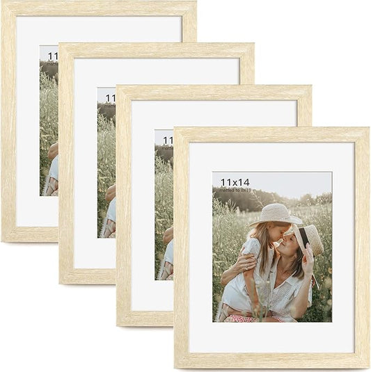 Momentworth 11x14 Picture Frame with Mat for 8x10 Set of 4, Natural Wood Grain 11 x 14 Gallery Wall Picture Frames for Wall Mounting(4 Pack, Natural)