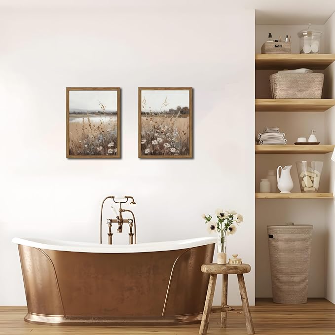 Framed Vintage Wildflower Wall Art Set of 2, Retro Country Floral Canvas Wall Decor Paintings, Farmhouse Field Landscape Posters Prints for Bedroom Bathroom Living Room Home Decor 16x24In Wood Frame