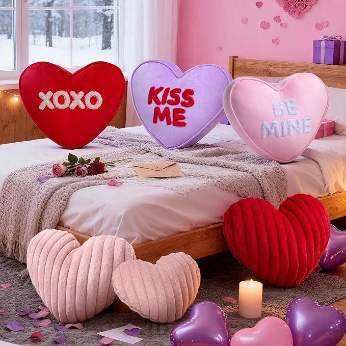 Lanpn Valentines Day Heart Pillows 2Pcs, Heart Shaped Pillow Soft Faux Fur Throw Pillow Plush Heart Decorative Cushion for Home Couch Bed Sofa Valentine Day Decor (Red,16.5x12in/14x10.5in)