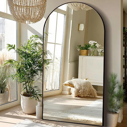 Beauty4U 79" x 39" Large Arched Full Length Mirror with Stand, Metal Frame Black Wall Mounting Full Body Tempered Mirror for Living Room, Bedroom